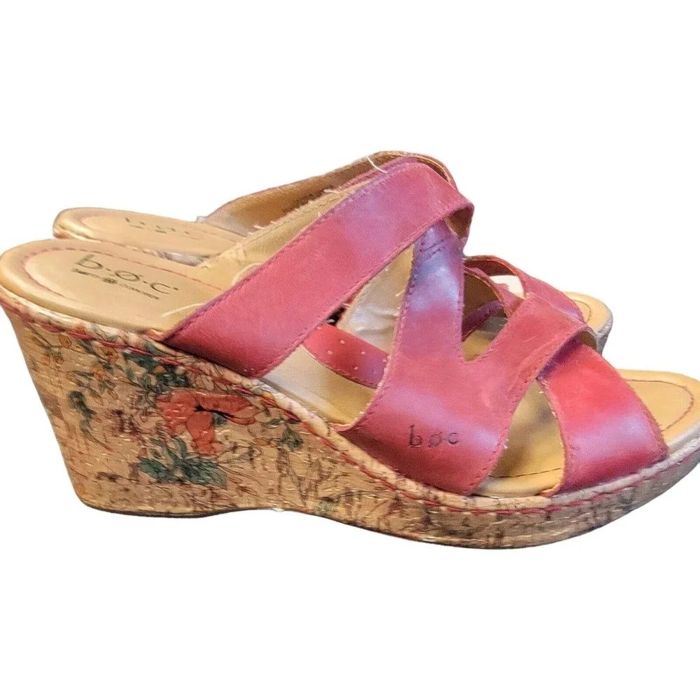 Born BOC‎ Wedge Sandals Women's 10 Red Leather Floral Platform Slip On Comfort